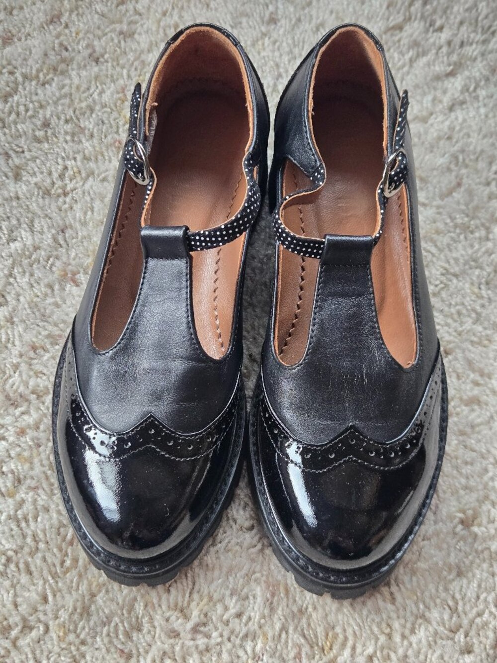 Julia Bo Black Leather Polka Dot Chunky Mary Jane Shoes Women's EU Size 38 (US 7